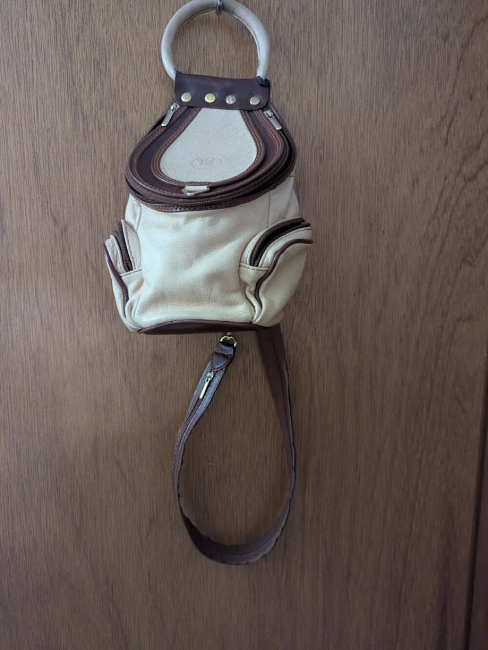 VA - Made In Italy - Leather Bag Small Beige Convertible Strap Backpack Shoulder